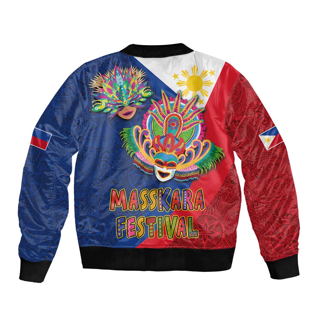 Philippines MassKara Bomber Jacket Filipino Carnival Mask and Polynesian Pattern