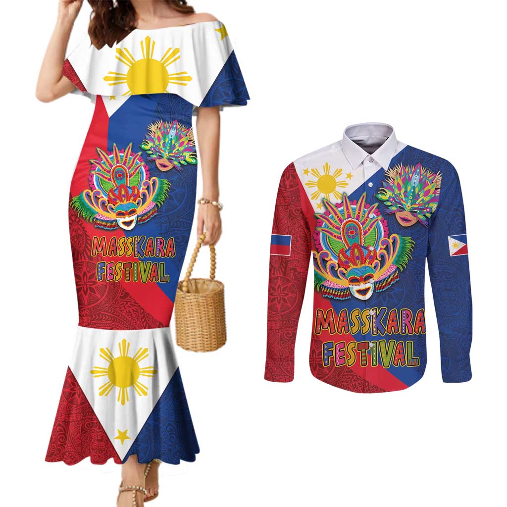Philippines MassKara Couples Matching Mermaid Dress and Long Sleeve Button Shirt Filipino Carnival Mask and Polynesian Pattern LT03 Blue - Polynesian Pride