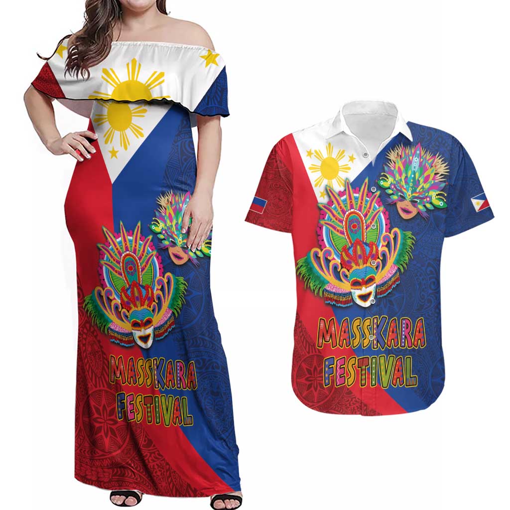 Philippines MassKara Couples Matching Off Shoulder Maxi Dress and Hawaiian Shirt Filipino Carnival Mask and Polynesian Pattern LT03 Blue - Polynesian Pride