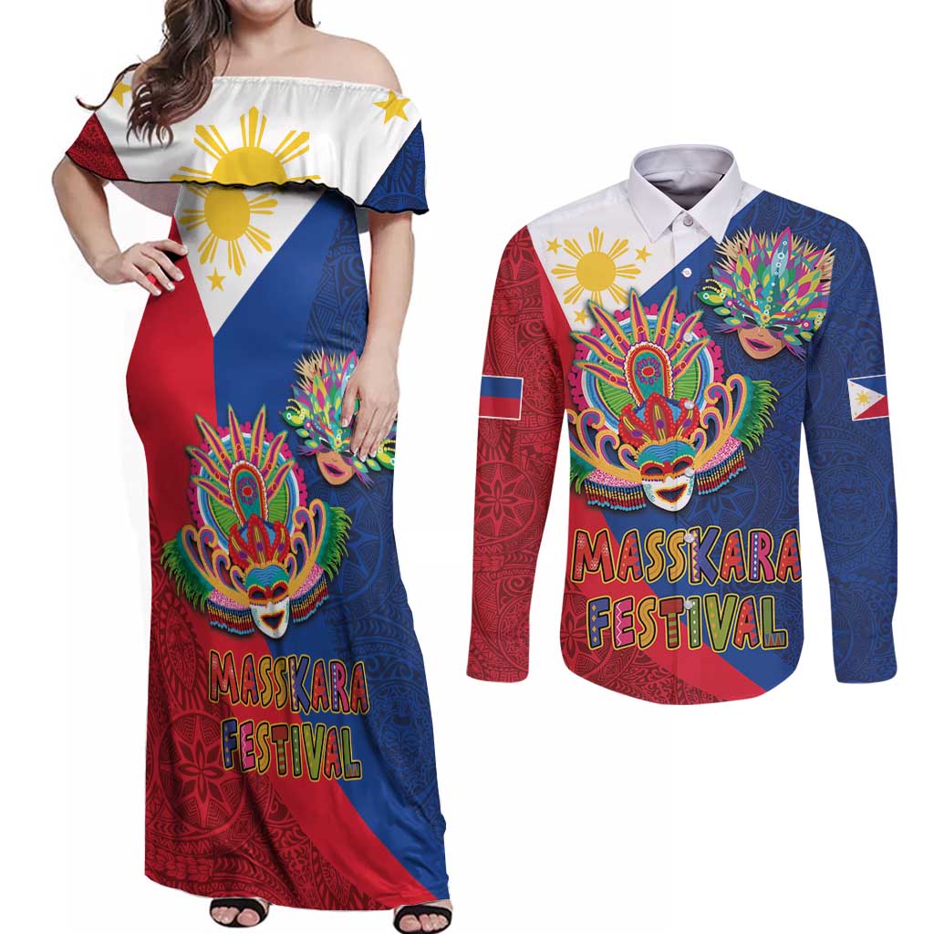 Philippines MassKara Couples Matching Off Shoulder Maxi Dress and Long Sleeve Button Shirt Filipino Carnival Mask and Polynesian Pattern LT03 Blue - Polynesian Pride