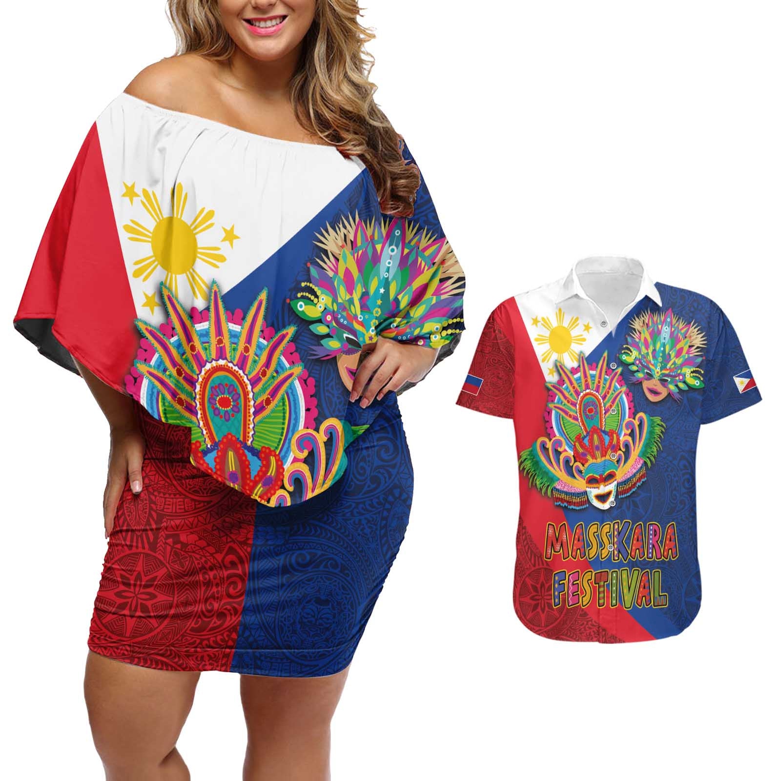 Philippines MassKara Couples Matching Off Shoulder Short Dress and Hawaiian Shirt Filipino Carnival Mask and Polynesian Pattern LT03 Blue - Polynesian Pride
