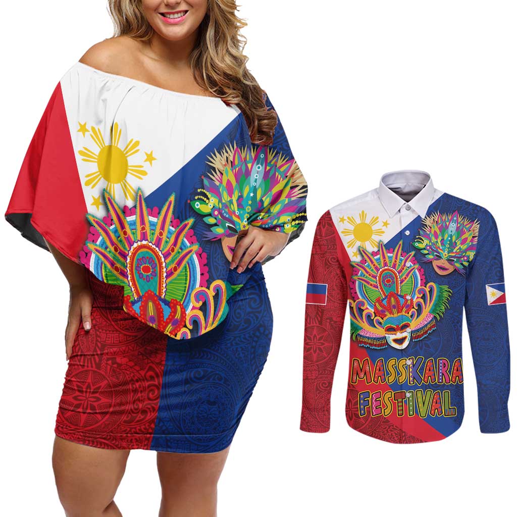 Philippines MassKara Couples Matching Off Shoulder Short Dress and Long Sleeve Button Shirt Filipino Carnival Mask and Polynesian Pattern LT03 Blue - Polynesian Pride
