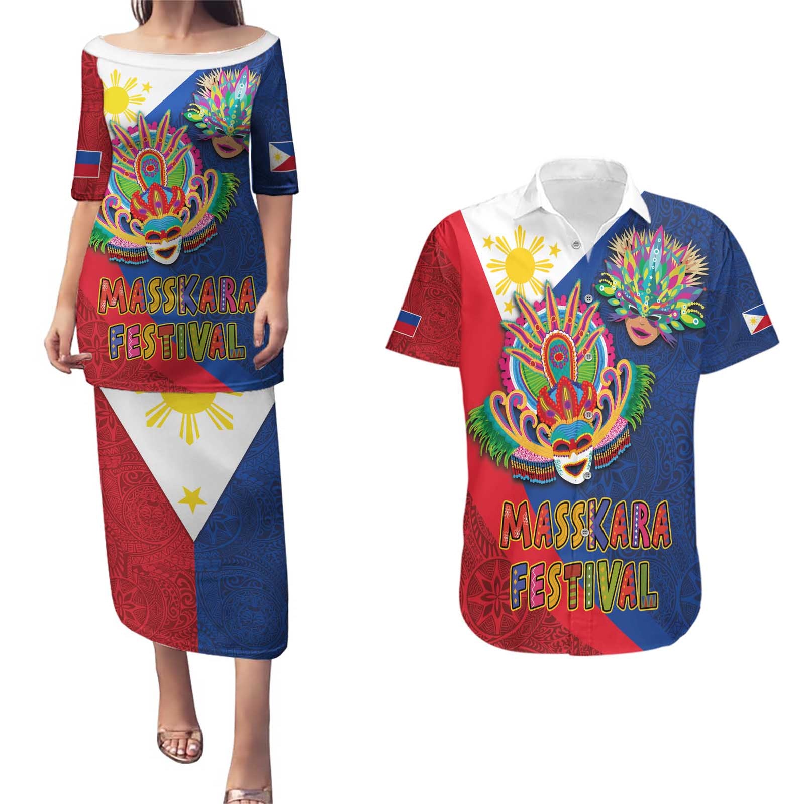 Philippines MassKara Couples Matching Puletasi and Hawaiian Shirt Filipino Carnival Mask and Polynesian Pattern LT03 Blue - Polynesian Pride