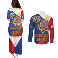 Philippines MassKara Couples Matching Puletasi and Long Sleeve Button Shirt Filipino Carnival Mask and Polynesian Pattern