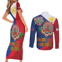 Philippines MassKara Couples Matching Short Sleeve Bodycon Dress and Long Sleeve Button Shirt Filipino Carnival Mask and Polynesian Pattern