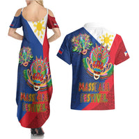 Philippines MassKara Couples Matching Summer Maxi Dress and Hawaiian Shirt Filipino Carnival Mask and Polynesian Pattern