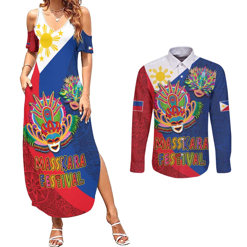 Philippines MassKara Couples Matching Summer Maxi Dress and Long Sleeve Button Shirt Filipino Carnival Mask and Polynesian Pattern LT03 Blue - Polynesian Pride