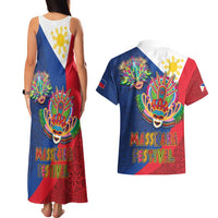 Philippines MassKara Couples Matching Tank Maxi Dress and Hawaiian Shirt Filipino Carnival Mask and Polynesian Pattern