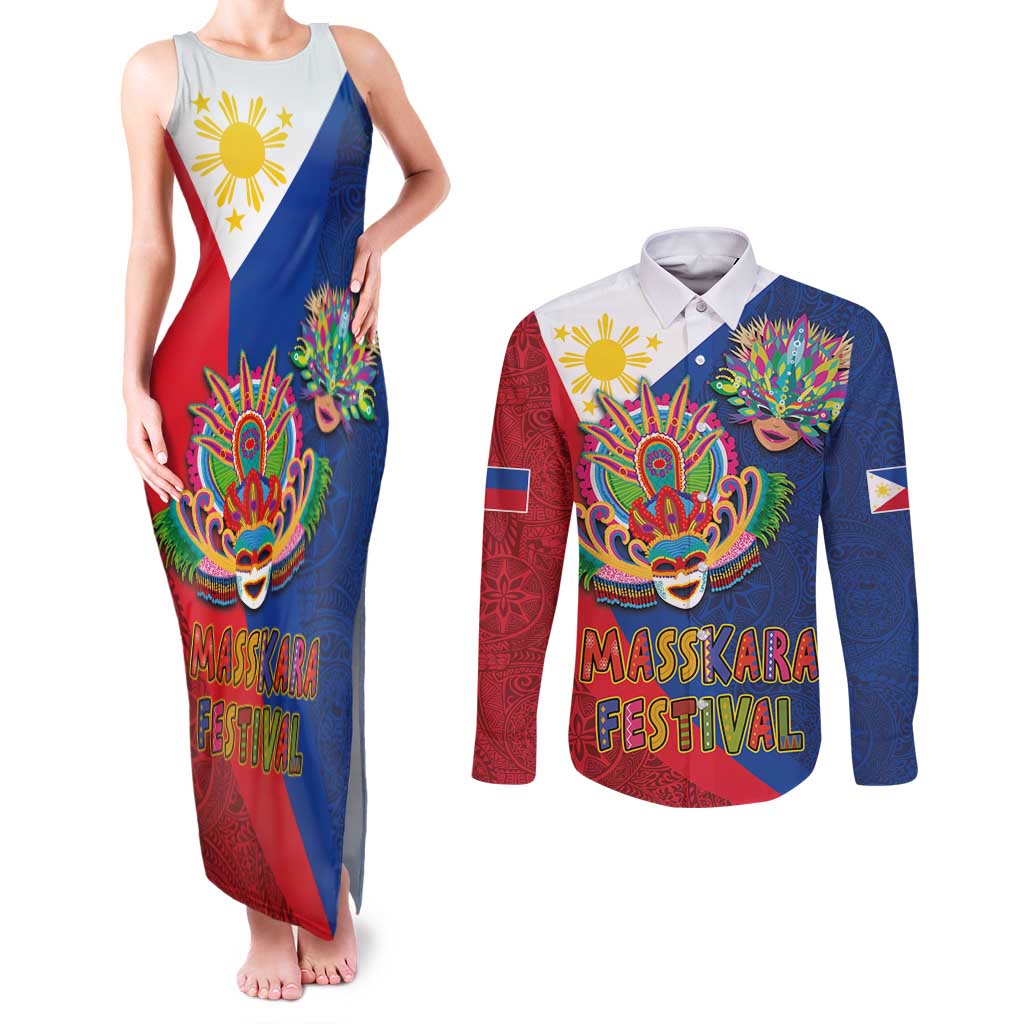 Philippines MassKara Couples Matching Tank Maxi Dress and Long Sleeve Button Shirt Filipino Carnival Mask and Polynesian Pattern LT03 Blue - Polynesian Pride
