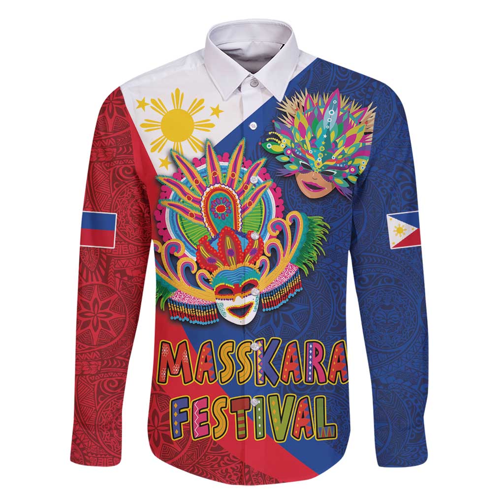 Philippines MassKara Family Matching Long Sleeve Bodycon Dress and Hawaiian Shirt Filipino Carnival Mask and Polynesian Pattern LT03 Dad's Shirt - Long Sleeve Blue - Polynesian Pride