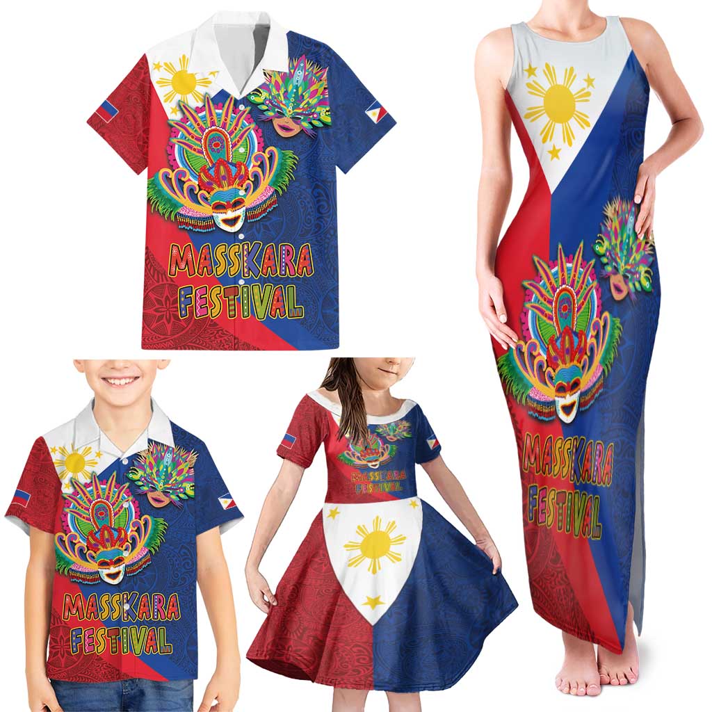 Philippines MassKara Family Matching Tank Maxi Dress and Hawaiian Shirt Filipino Carnival Mask and Polynesian Pattern