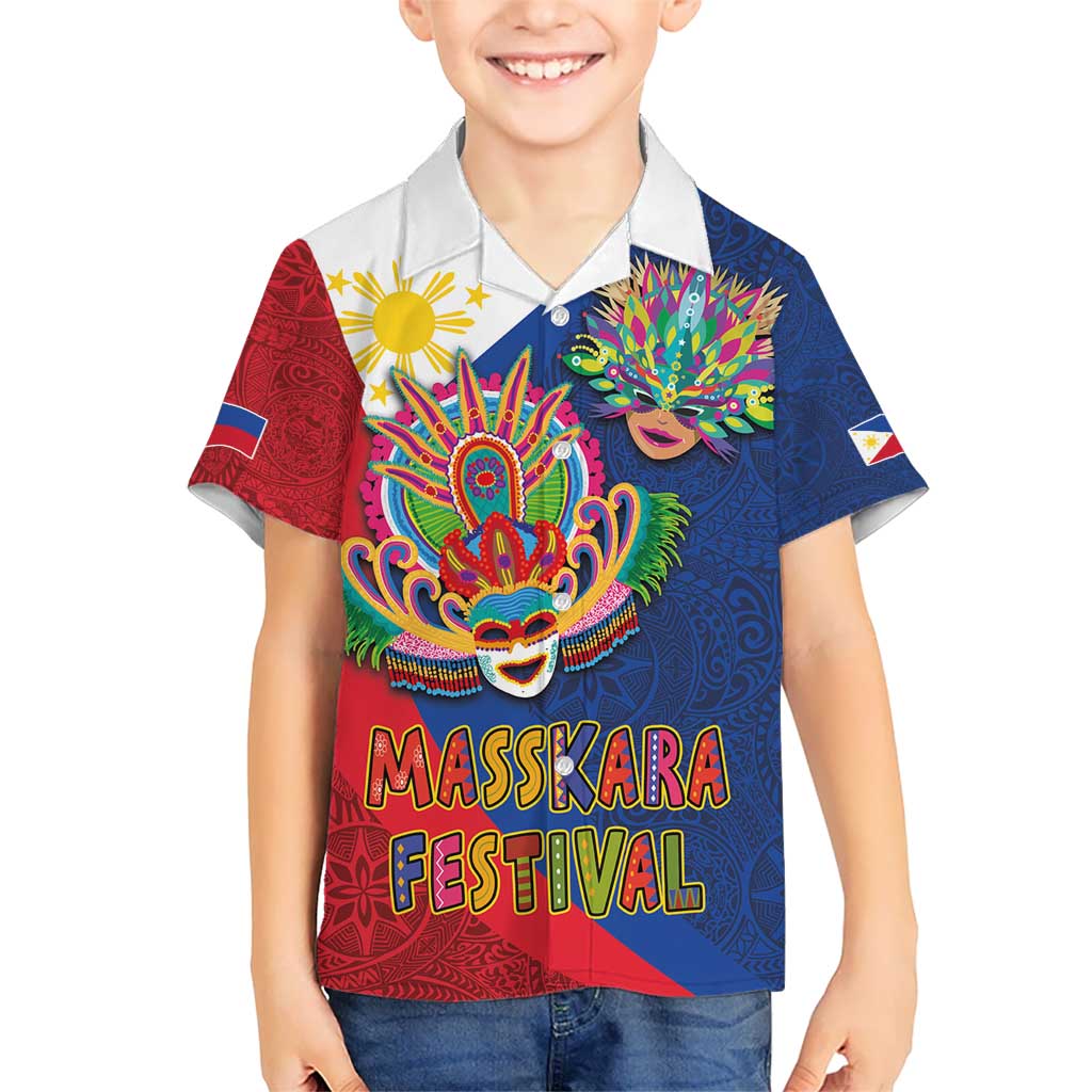 Philippines MassKara Kid Hawaiian Shirt Filipino Carnival Mask and Polynesian Pattern LT03 Kid Blue - Polynesian Pride