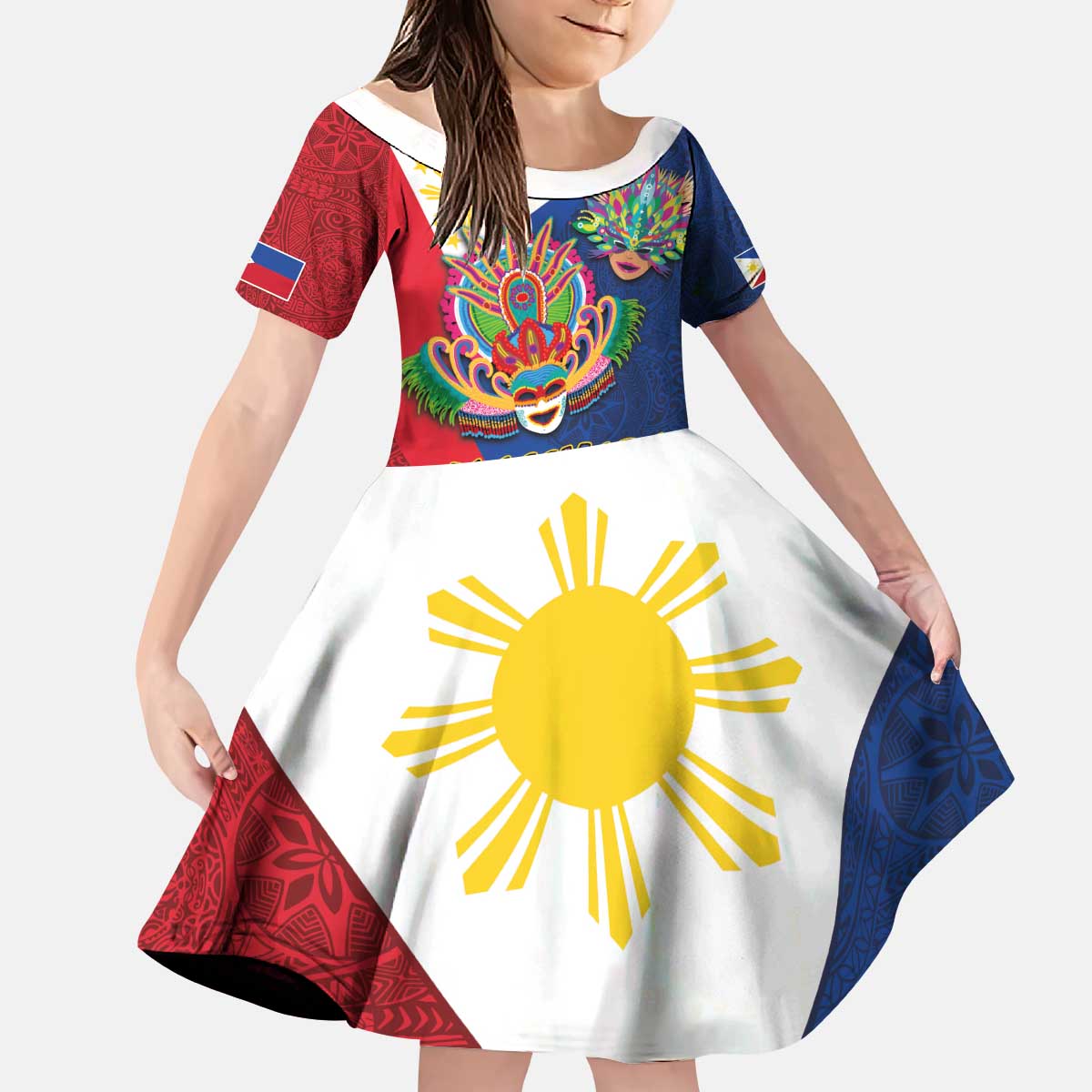 Philippines MassKara Kid Short Sleeve Dress Filipino Carnival Mask and Polynesian Pattern