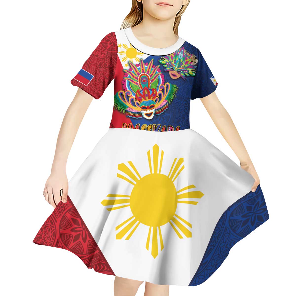 Philippines MassKara Kid Short Sleeve Dress Filipino Carnival Mask and Polynesian Pattern