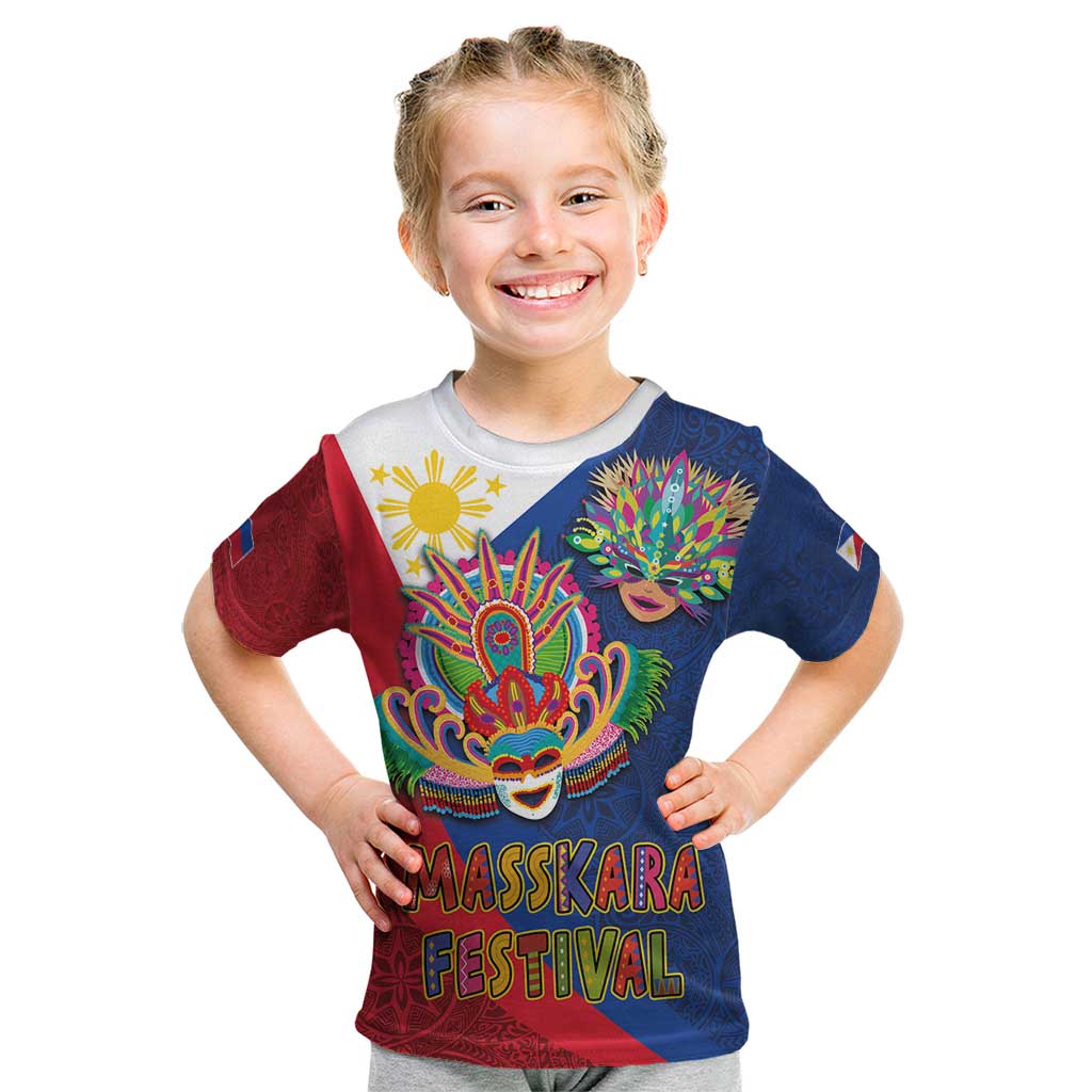 Philippines MassKara Kid T Shirt Filipino Carnival Mask and Polynesian Pattern LT03 Blue - Polynesian Pride