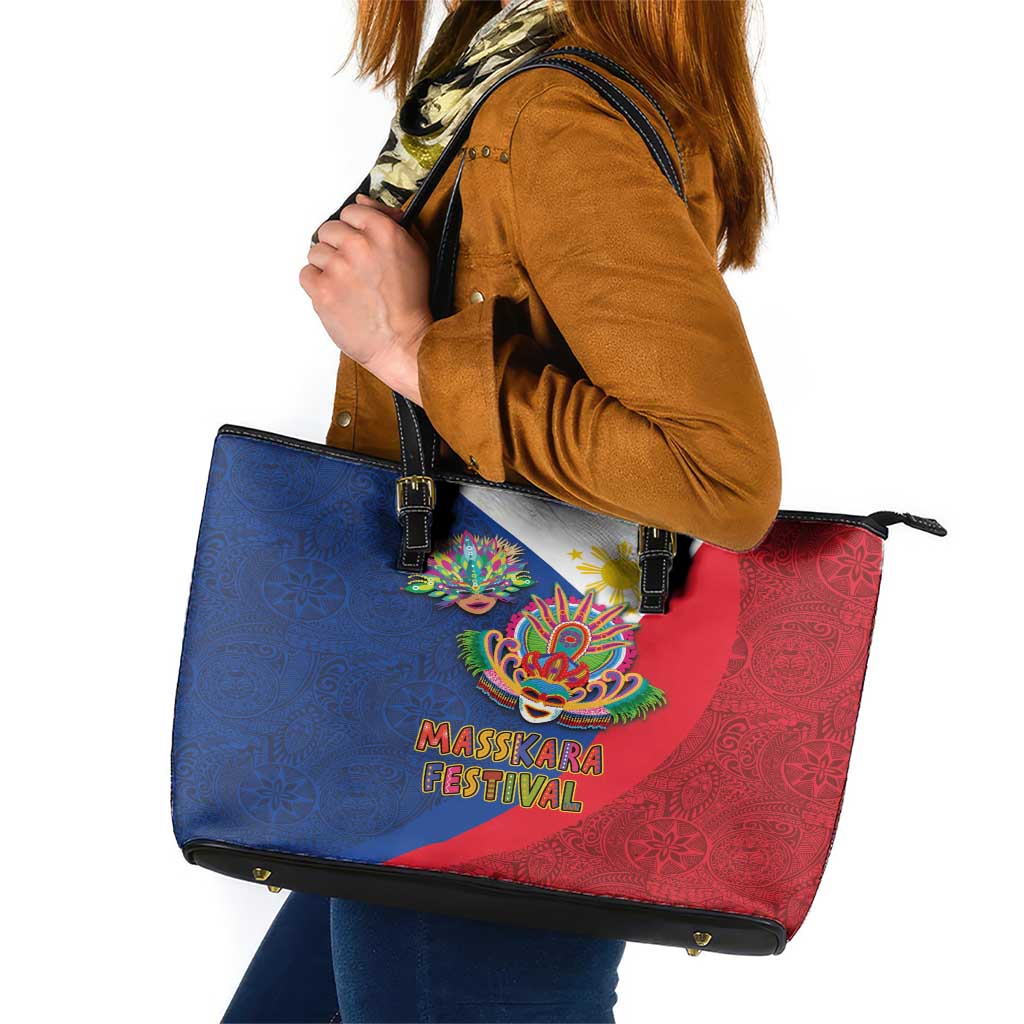 Philippines MassKara Leather Tote Bag Filipino Carnival Mask and Polynesian Pattern LT03 Blue - Polynesian Pride
