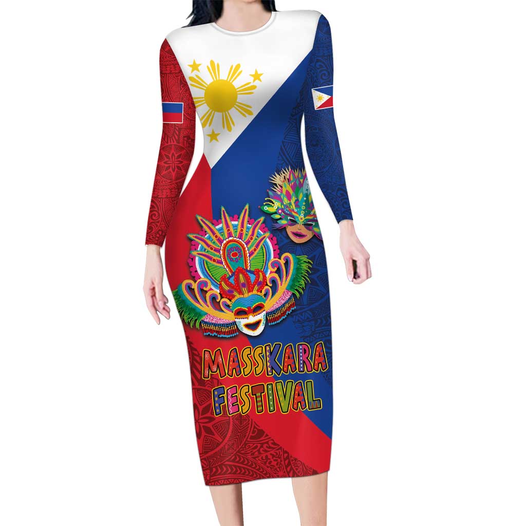 Philippines MassKara Long Sleeve Bodycon Dress Filipino Carnival Mask and Polynesian Pattern LT03 Long Dress Blue - Polynesian Pride