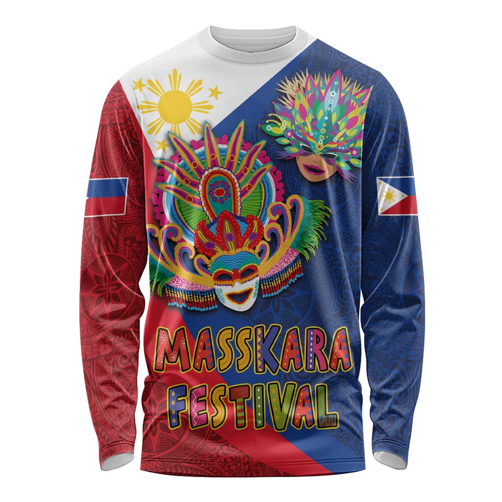 Philippines MassKara Long Sleeve Shirt Filipino Carnival Mask and Polynesian Pattern LT03 Unisex Blue - Polynesian Pride
