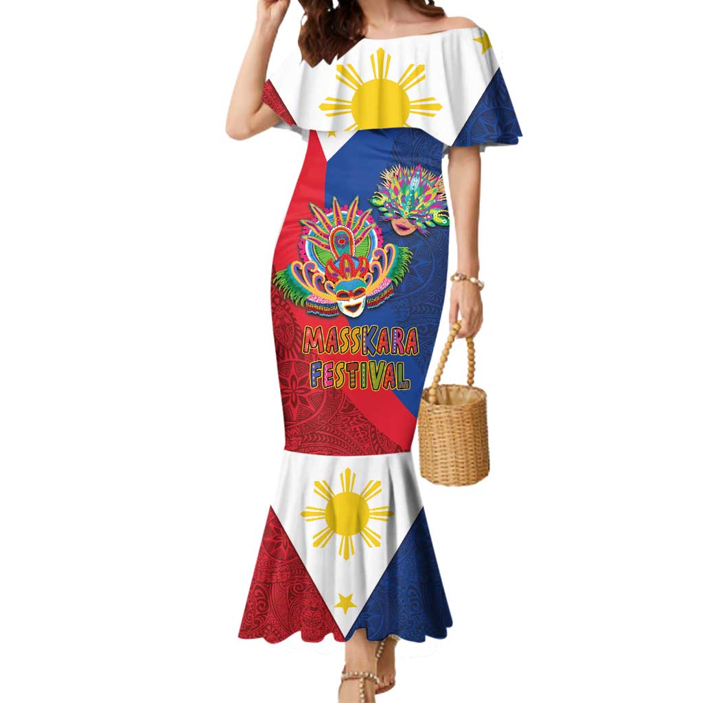 Philippines MassKara Mermaid Dress Filipino Carnival Mask and Polynesian Pattern LT03 Women Blue - Polynesian Pride