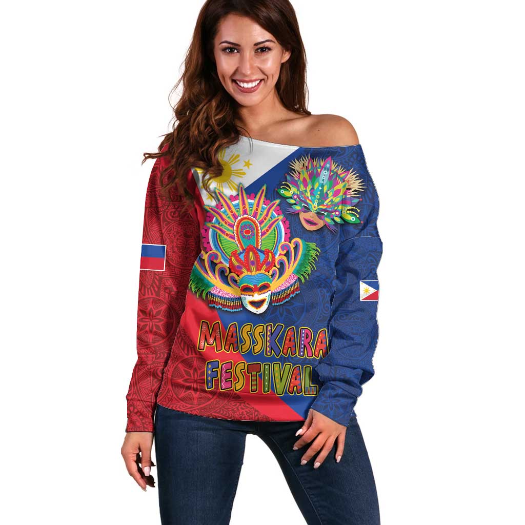 Philippines MassKara Off Shoulder Sweater Filipino Carnival Mask and Polynesian Pattern LT03 Women Blue - Polynesian Pride