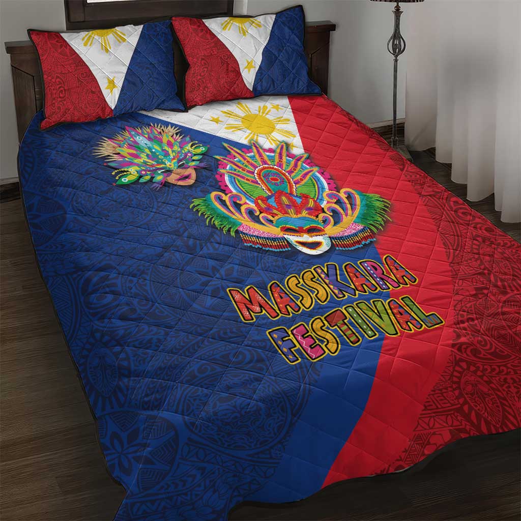 Philippines MassKara Quilt Bed Set Filipino Carnival Mask and Polynesian Pattern LT03 Blue - Polynesian Pride