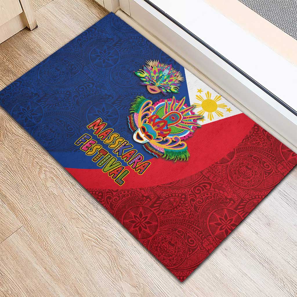 Philippines MassKara Rubber Doormat Filipino Carnival Mask and Polynesian Pattern