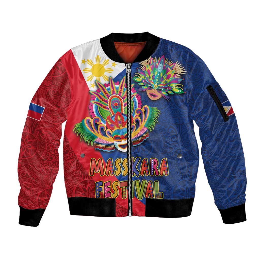 Philippines MassKara Sleeve Zip Bomber Jacket Filipino Carnival Mask and Polynesian Pattern LT03 Unisex Blue - Polynesian Pride