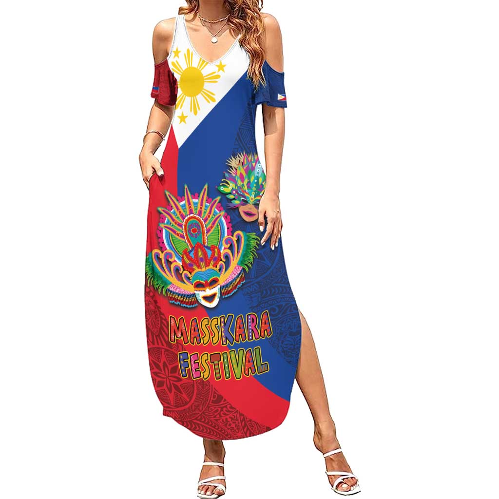 Philippines MassKara Summer Maxi Dress Filipino Carnival Mask and Polynesian Pattern LT03 Women Blue - Polynesian Pride