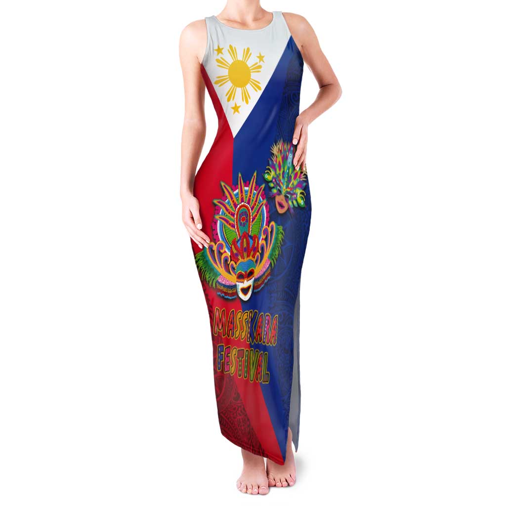 Philippines MassKara Tank Maxi Dress Filipino Carnival Mask and Polynesian Pattern LT03 Women Blue - Polynesian Pride
