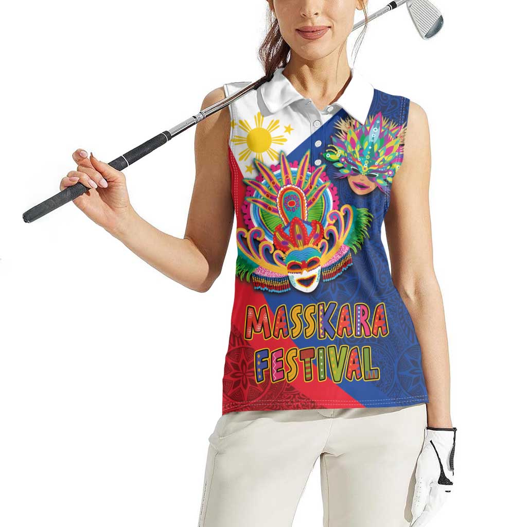 Philippines MassKara Women Sleeveless Polo Shirt Filipino Carnival Mask and Polynesian Pattern