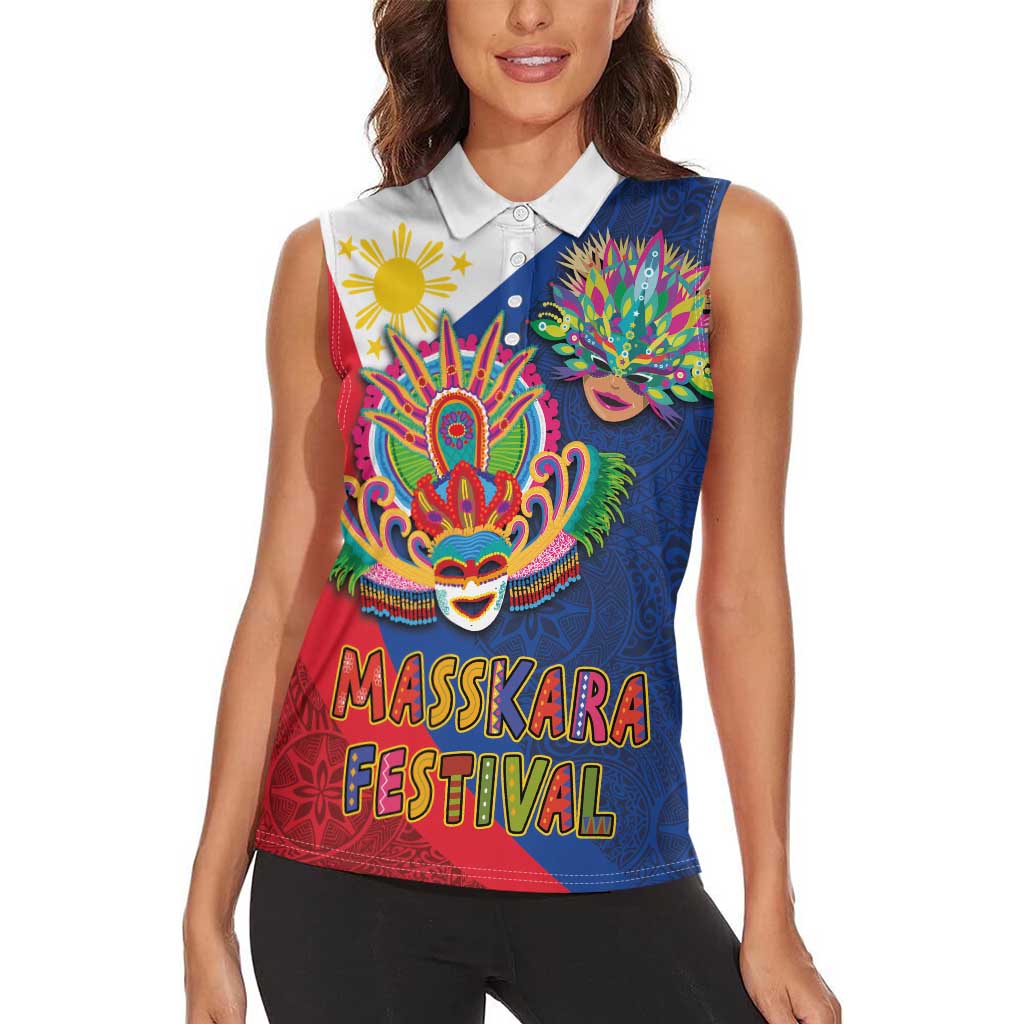 Philippines MassKara Women Sleeveless Polo Shirt Filipino Carnival Mask and Polynesian Pattern