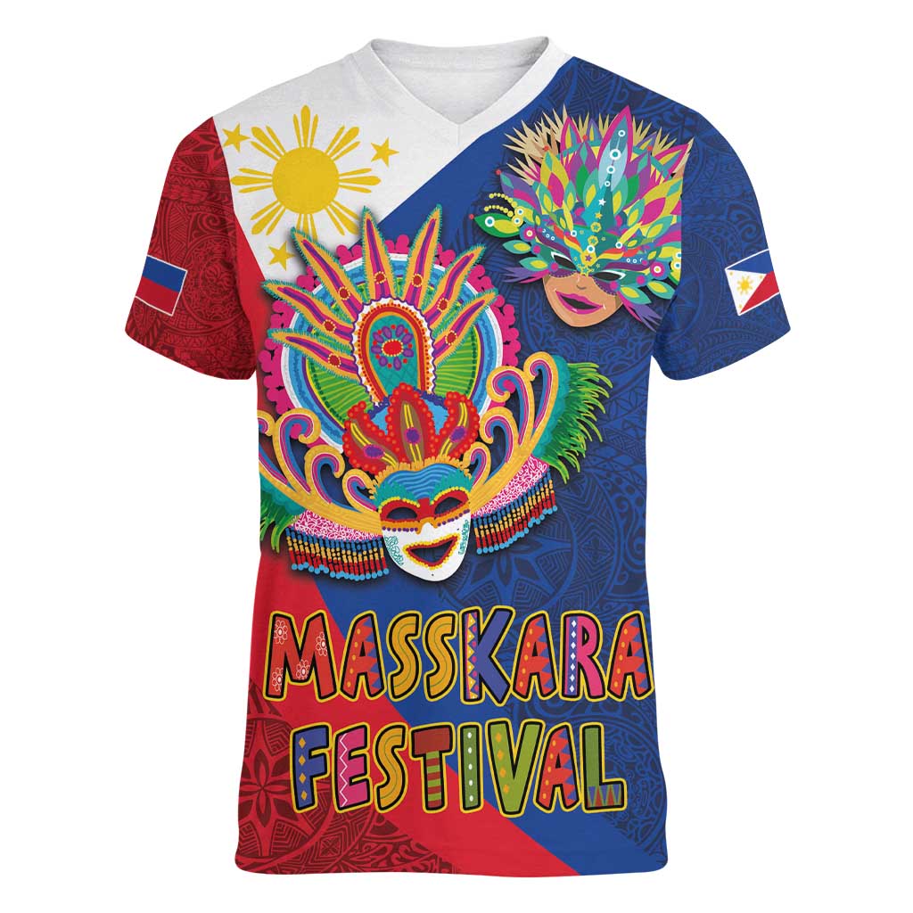 Philippines MassKara Women V-Neck T-Shirt Filipino Carnival Mask and Polynesian Pattern LT03 Female Blue - Polynesian Pride