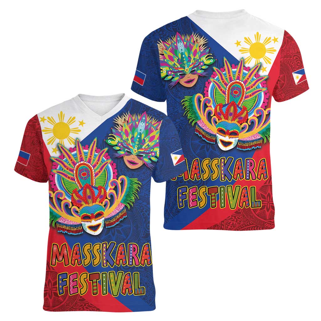 Philippines MassKara Women V-Neck T-Shirt Filipino Carnival Mask and Polynesian Pattern