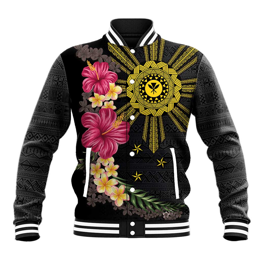 Hawaii and Philippines Together Baseball Jacket Hibiscus Flower and Sun Badge Polynesian Pattern Coloful LT03 Unisex Black - Polynesian Pride