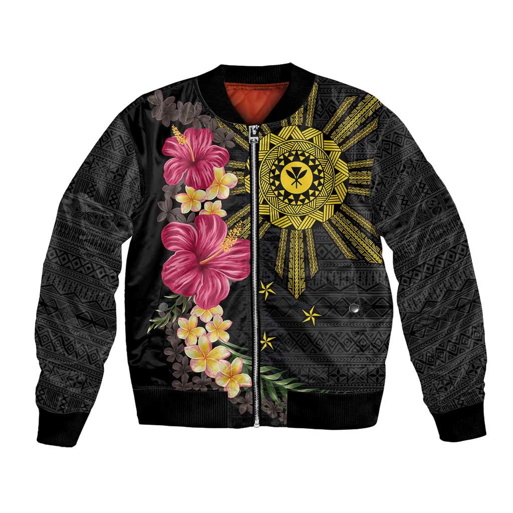 Hawaii and Philippines Together Bomber Jacket Hibiscus Flower and Sun Badge Polynesian Pattern Coloful LT03 Unisex Black - Polynesian Pride