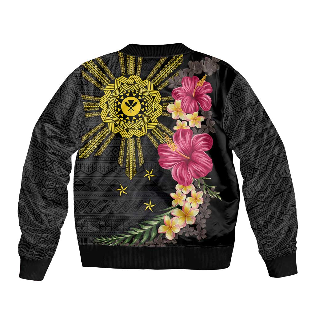 Hawaii and Philippines Together Bomber Jacket Hibiscus Flower and Sun Badge Polynesian Pattern Coloful