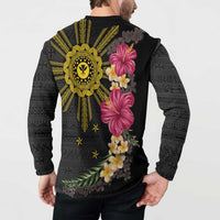 Hawaii and Philippines Together Button Sweatshirt Hibiscus Flower and Sun Badge Polynesian Pattern Coloful