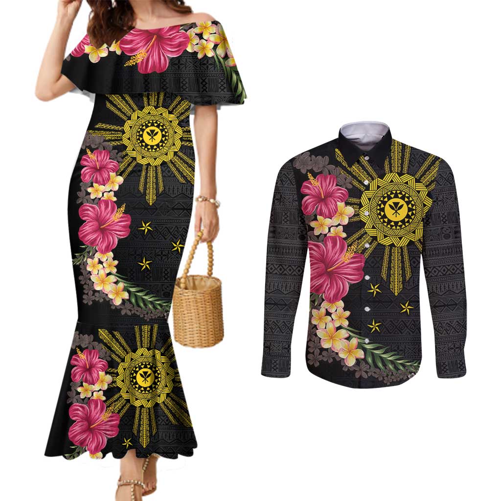 Hawaii and Philippines Together Couples Matching Mermaid Dress and Long Sleeve Button Shirt Hibiscus Flower and Sun Badge Polynesian Pattern Coloful LT03 Black - Polynesian Pride