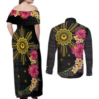 Hawaii and Philippines Together Couples Matching Off Shoulder Maxi Dress and Long Sleeve Button Shirt Hibiscus Flower and Sun Badge Polynesian Pattern Coloful