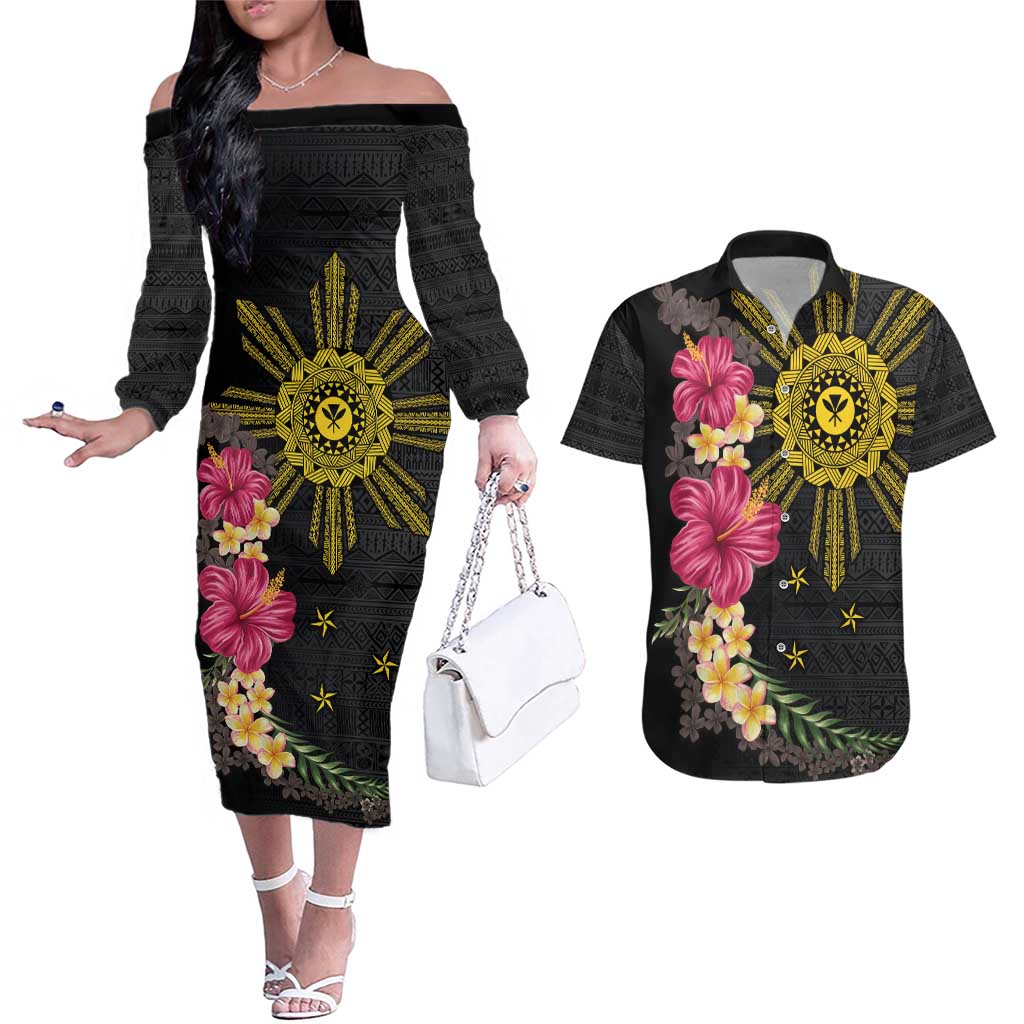 Hawaii and Philippines Together Couples Matching Off The Shoulder Long Sleeve Dress and Hawaiian Shirt Hibiscus Flower and Sun Badge Polynesian Pattern Coloful