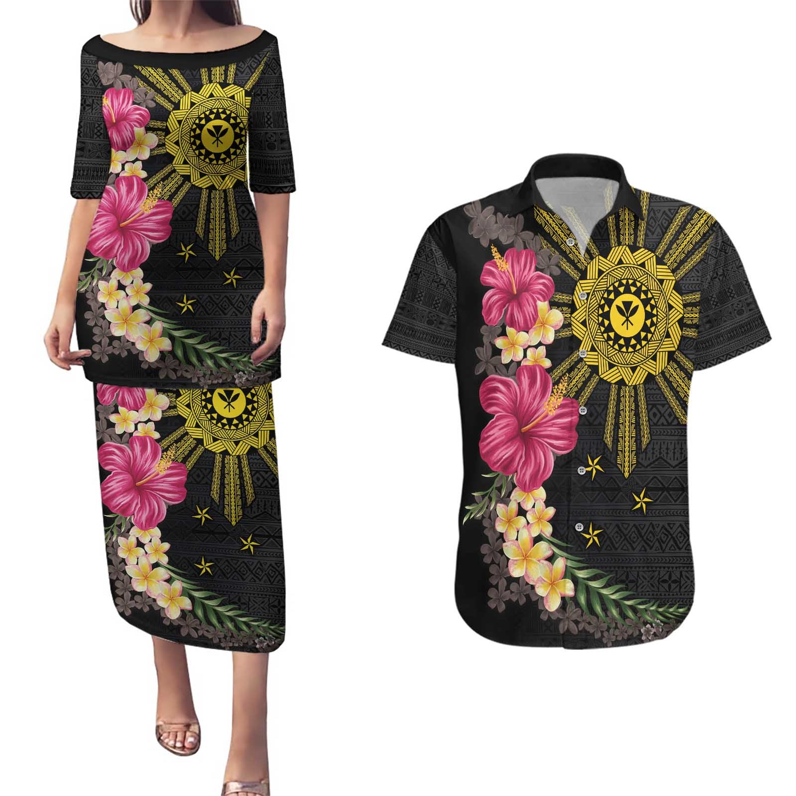 Hawaii and Philippines Together Couples Matching Puletasi and Hawaiian Shirt Hibiscus Flower and Sun Badge Polynesian Pattern Coloful LT03 Black - Polynesian Pride