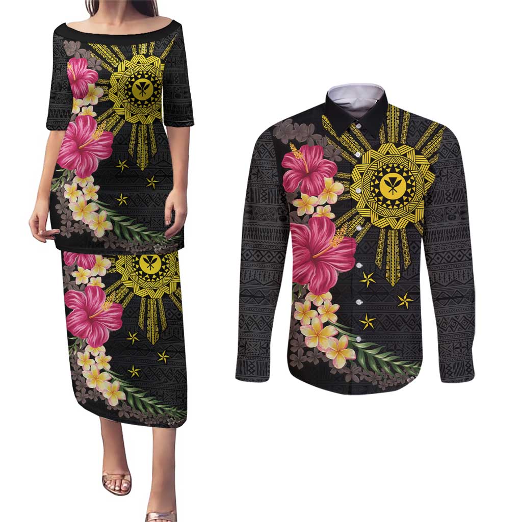 Hawaii and Philippines Together Couples Matching Puletasi and Long Sleeve Button Shirt Hibiscus Flower and Sun Badge Polynesian Pattern Coloful LT03 Black - Polynesian Pride