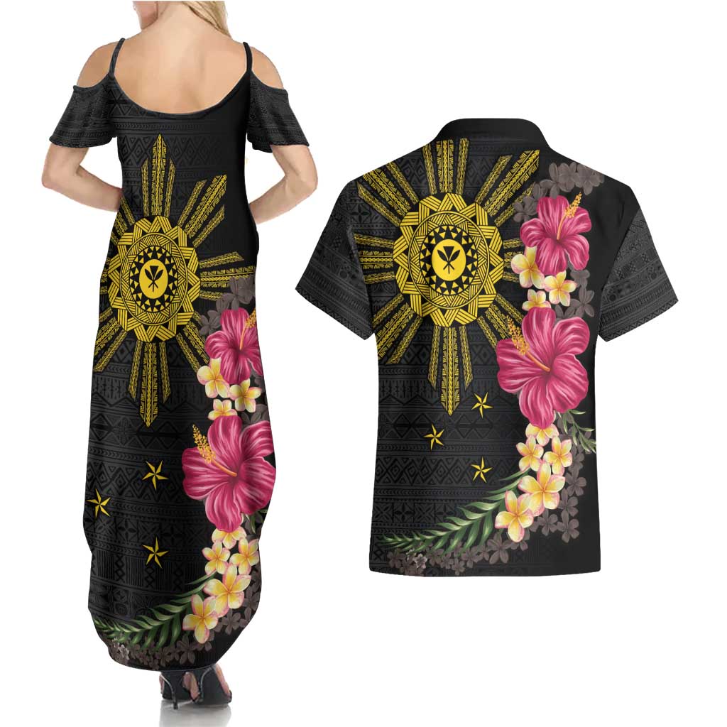 Hawaii and Philippines Together Couples Matching Summer Maxi Dress and Hawaiian Shirt Hibiscus Flower and Sun Badge Polynesian Pattern Coloful