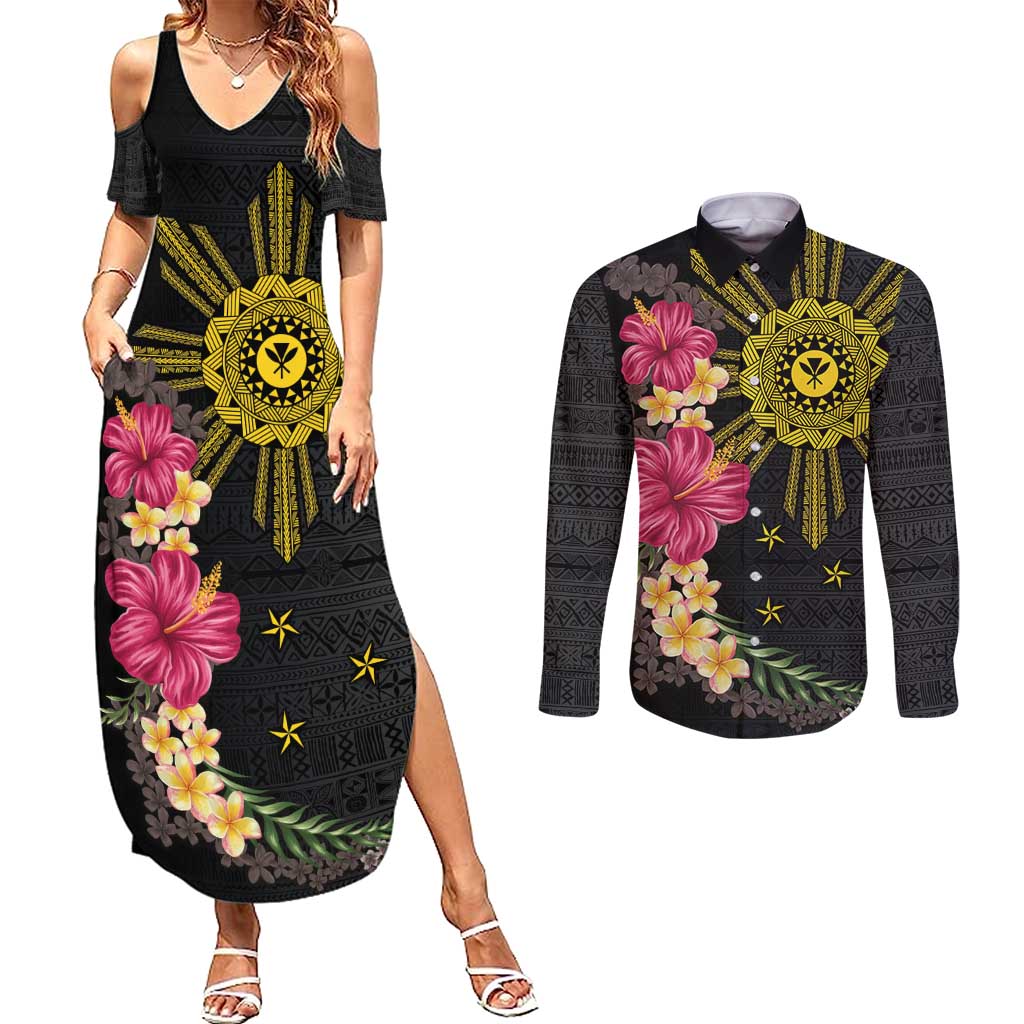 Hawaii and Philippines Together Couples Matching Summer Maxi Dress and Long Sleeve Button Shirt Hibiscus Flower and Sun Badge Polynesian Pattern Coloful LT03 Black - Polynesian Pride