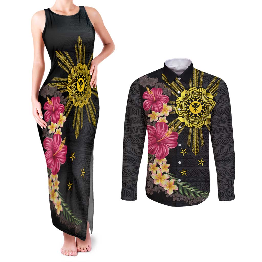 Hawaii and Philippines Together Couples Matching Tank Maxi Dress and Long Sleeve Button Shirt Hibiscus Flower and Sun Badge Polynesian Pattern Coloful LT03 Black - Polynesian Pride