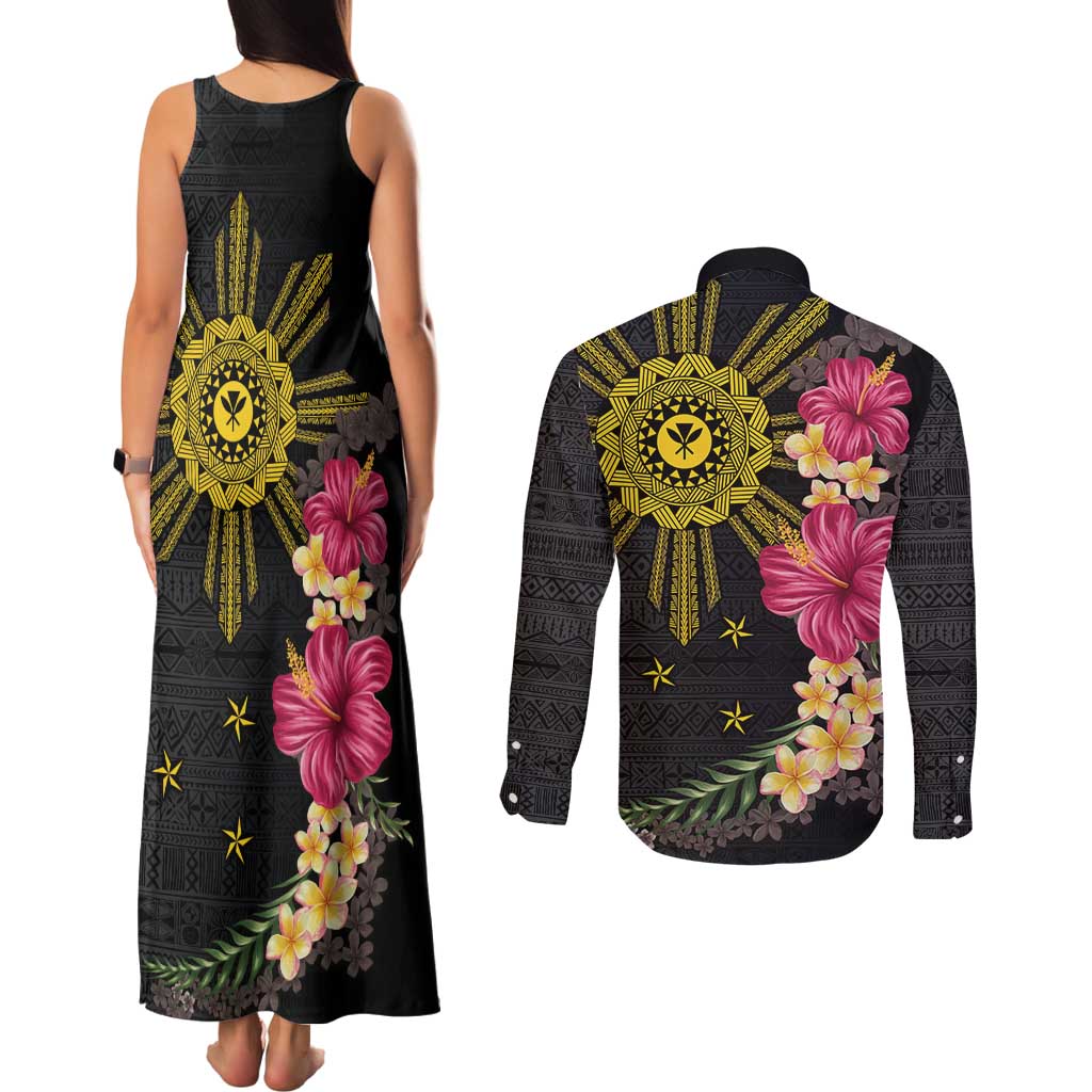 Hawaii and Philippines Together Couples Matching Tank Maxi Dress and Long Sleeve Button Shirt Hibiscus Flower and Sun Badge Polynesian Pattern Coloful