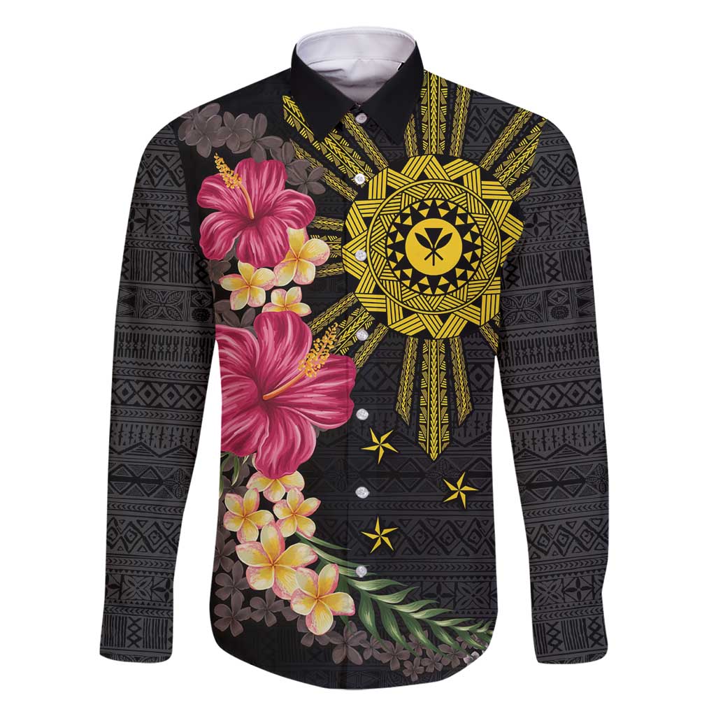 Hawaii and Philippines Together Family Matching Long Sleeve Bodycon Dress and Hawaiian Shirt Hibiscus Flower and Sun Badge Polynesian Pattern Coloful LT03 Dad's Shirt - Long Sleeve Black - Polynesian Pride