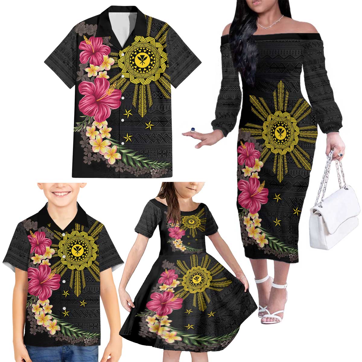 Hawaii and Philippines Together Family Matching Off The Shoulder Long Sleeve Dress and Hawaiian Shirt Hibiscus Flower and Sun Badge Polynesian Pattern Coloful LT03 - Polynesian Pride