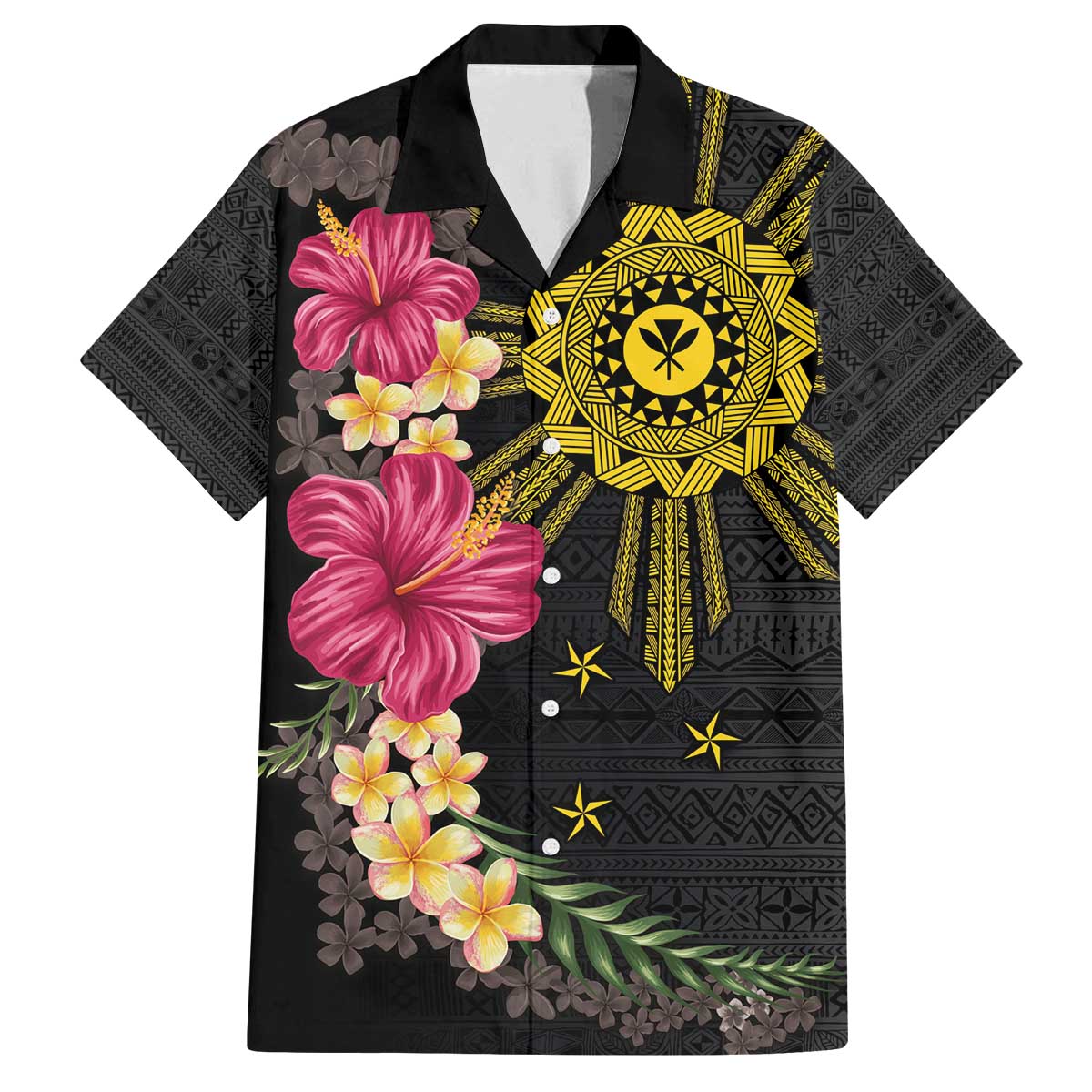 Hawaii and Philippines Together Family Matching Off The Shoulder Long Sleeve Dress and Hawaiian Shirt Hibiscus Flower and Sun Badge Polynesian Pattern Coloful LT03 Dad's Shirt - Short Sleeve Black - Polynesian Pride