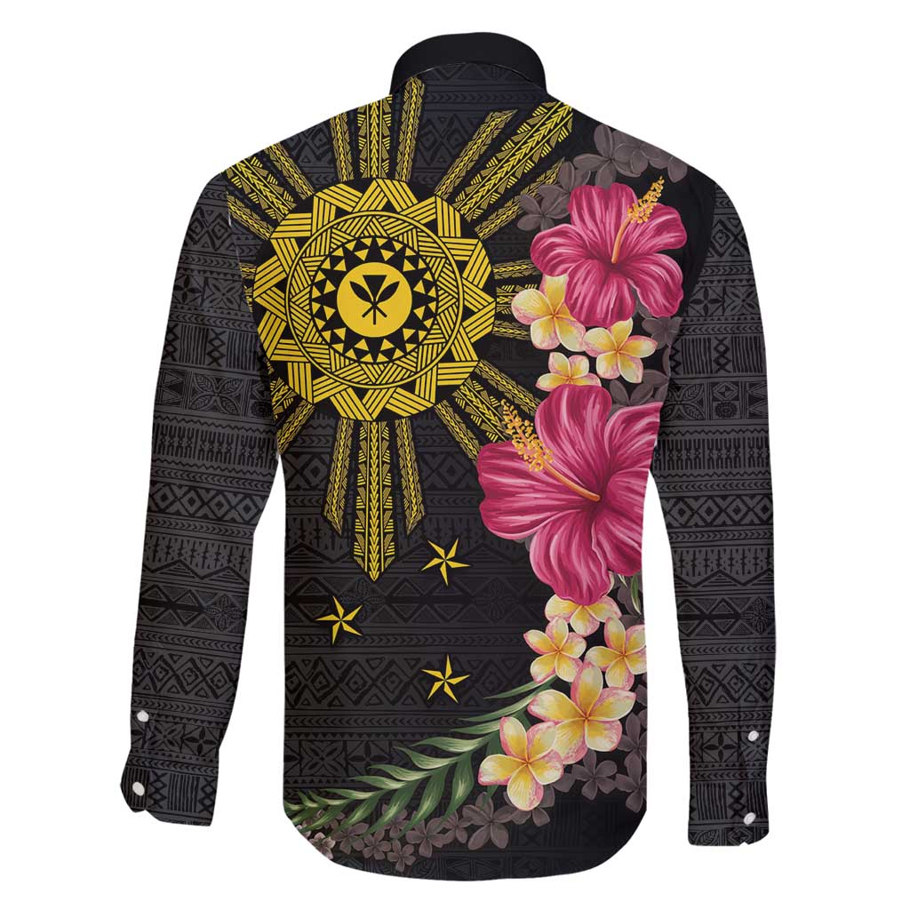 Hawaii and Philippines Together Family Matching Off Shoulder Maxi Dress and Hawaiian Shirt Hibiscus Flower and Sun Badge Polynesian Pattern Coloful